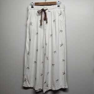 Umgee Linen Pants Women Size M Cream Brown Bows Elastic Waist Casual Vacation